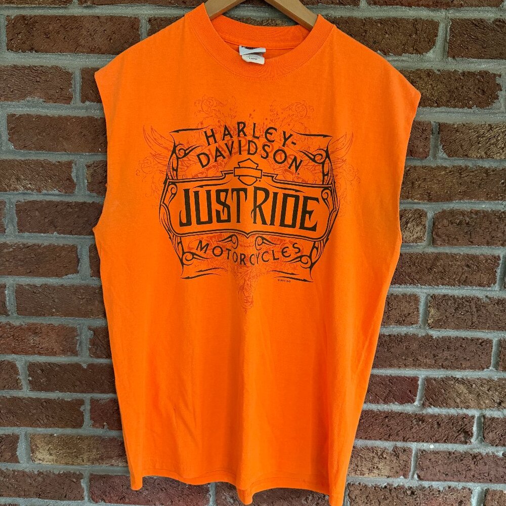 harley davidson tshirt * sleeveless * orange * euc sauk city wisconsin
